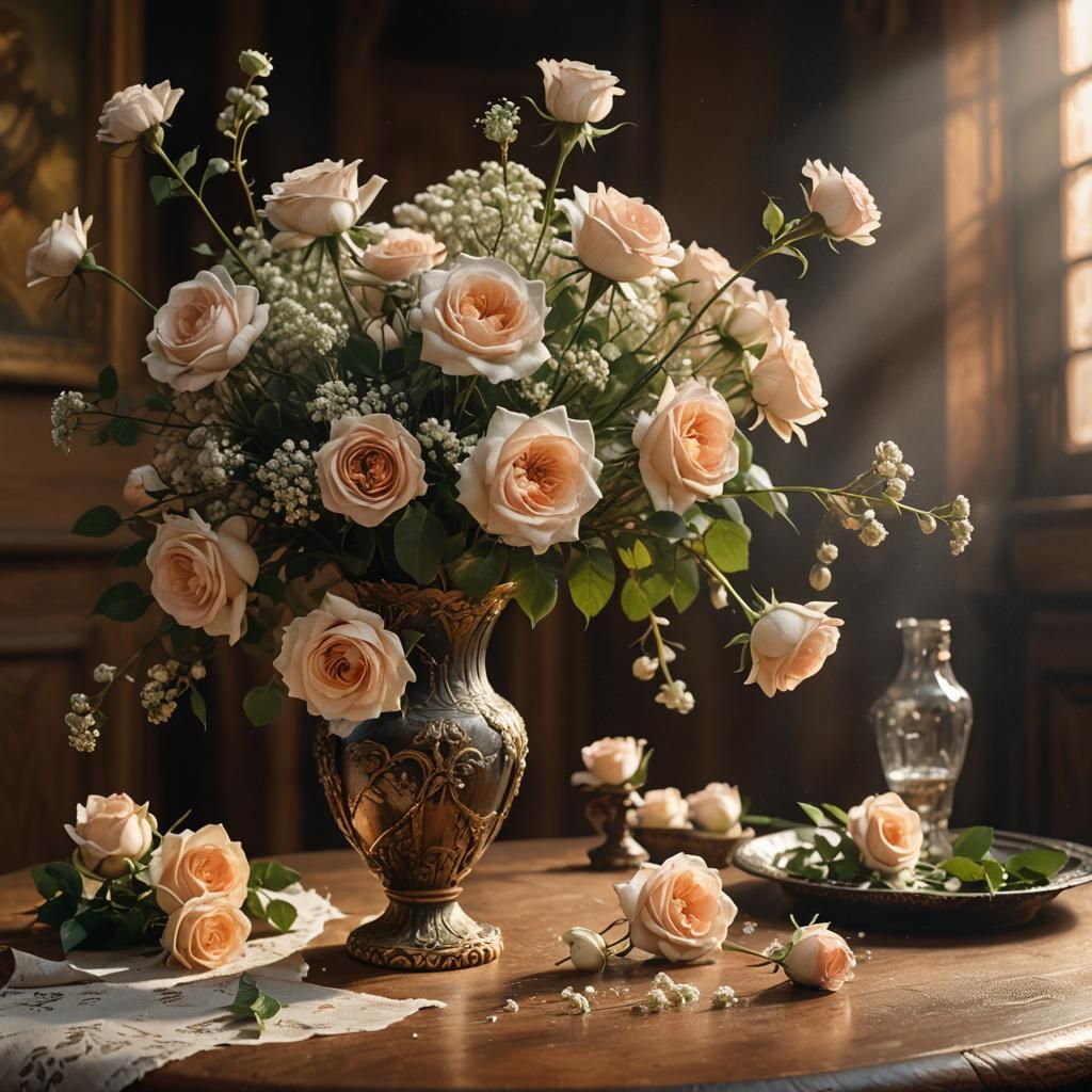 Roses and Baby's Breath Still Life, Old Masters Style