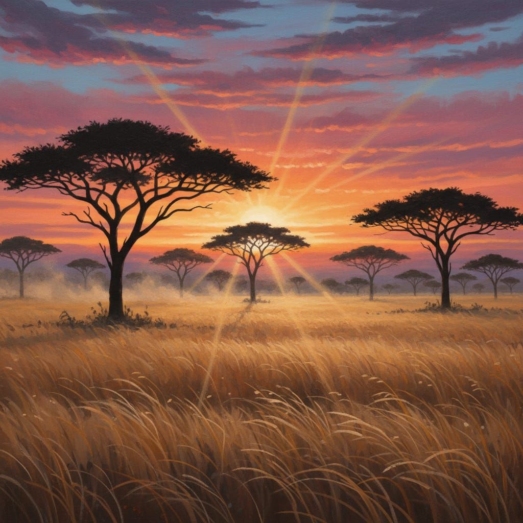 Serengeti Sunset Over Savannah with Acacia Trees