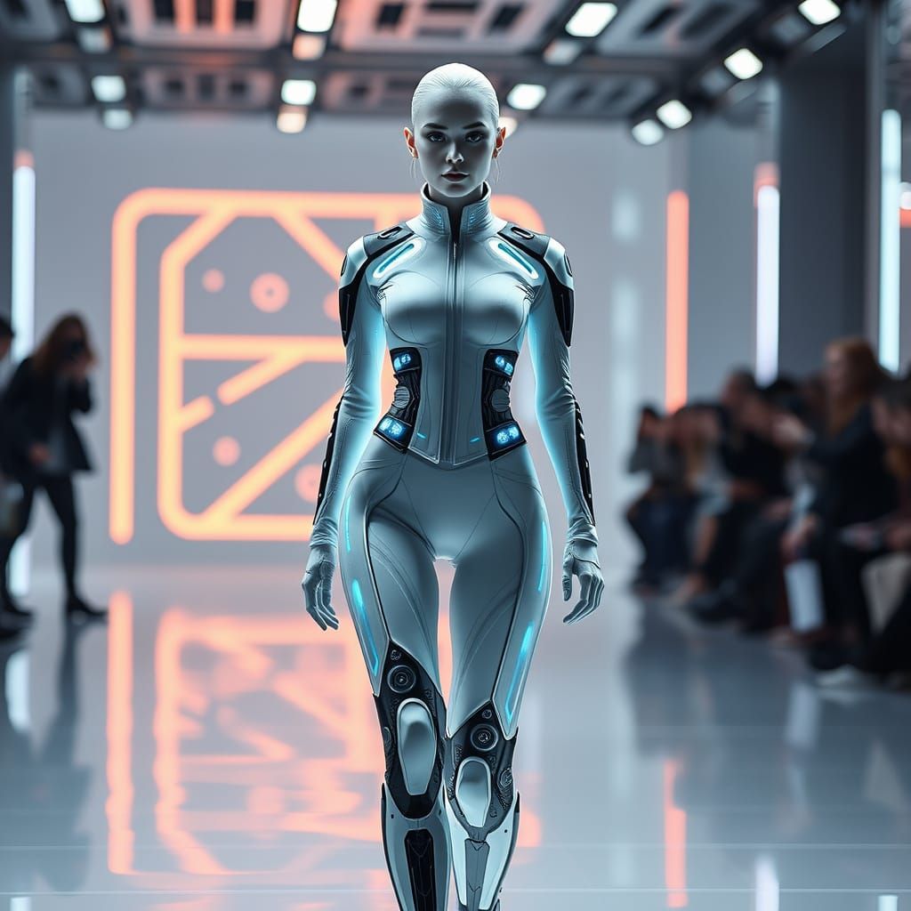 Futuristic Russian Woman in High-Tech Fashion Show