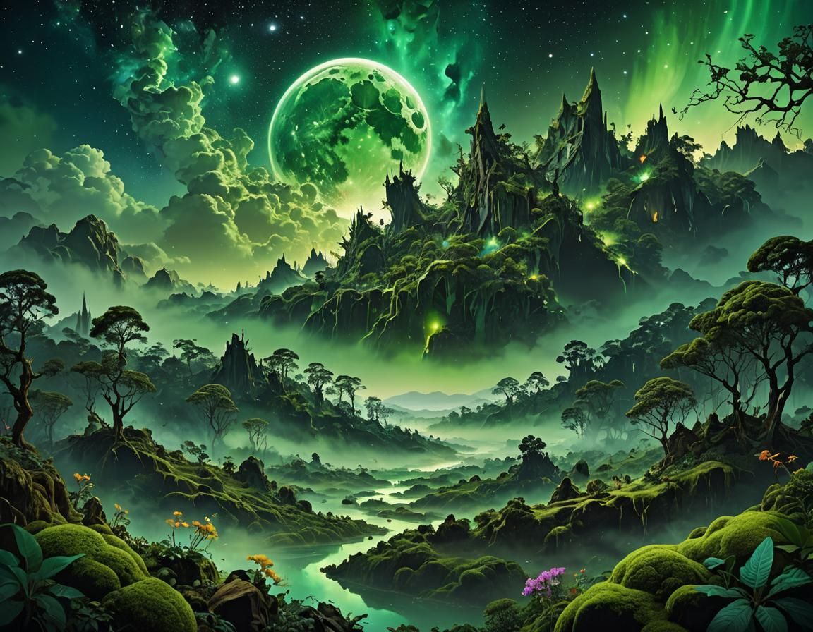 Green Moonscape with Celestial Flowers in Ink Blot Art