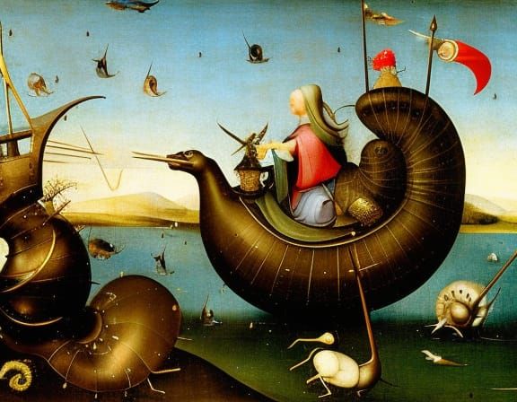Woman Rides Snail in Bizarre Surrealist Scene