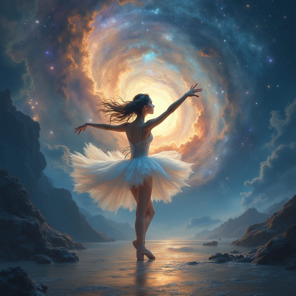 Ethereal Ballerina Dances Amidst Swirling Galaxies