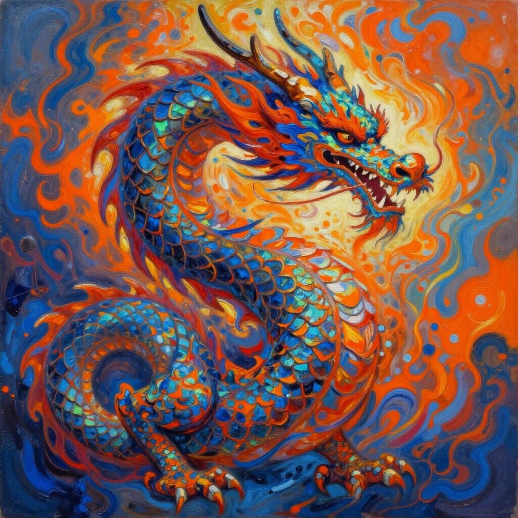 Majestic Dragon With Iridescent Scales in Abstract Oil Paint...