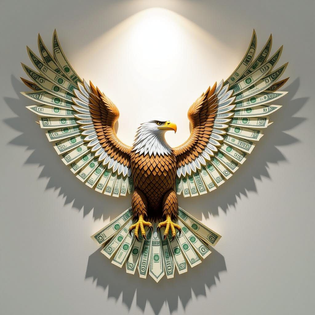 Hyperrealistic Sculpture of Dollar Bill Eagle in Dramatic Li...