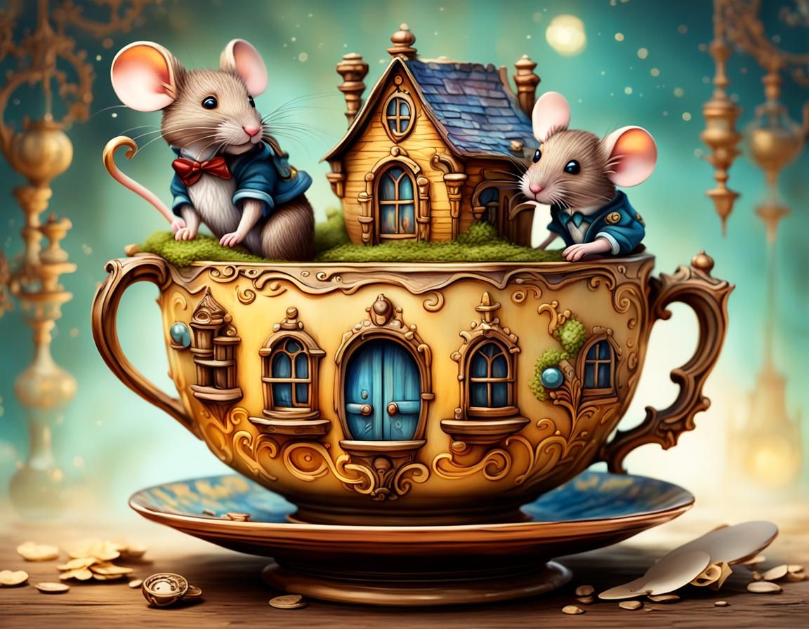 Mouse House Teacup in Storybook Steampunk Style