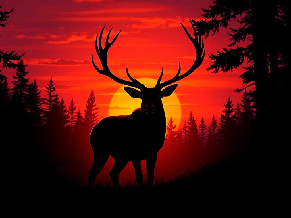 Sunset Forest Silhouette with Majestic Deer