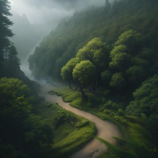 Road through fog forest