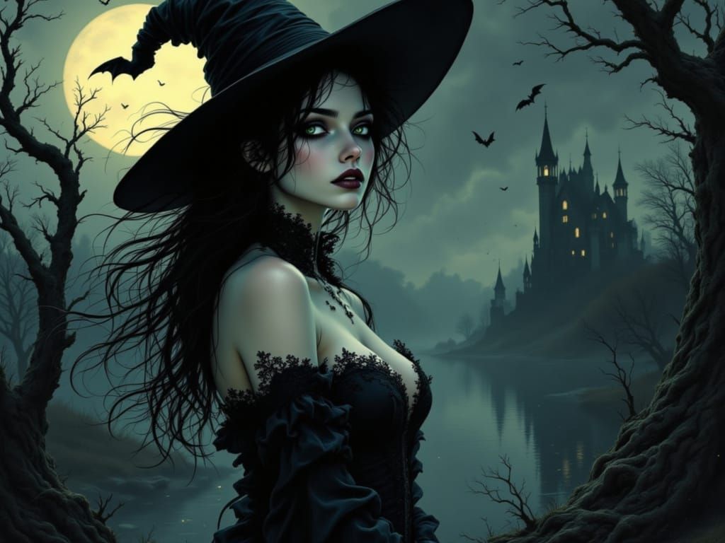 Moonlit Witch in Gothic Landscape, Moody Surrealism