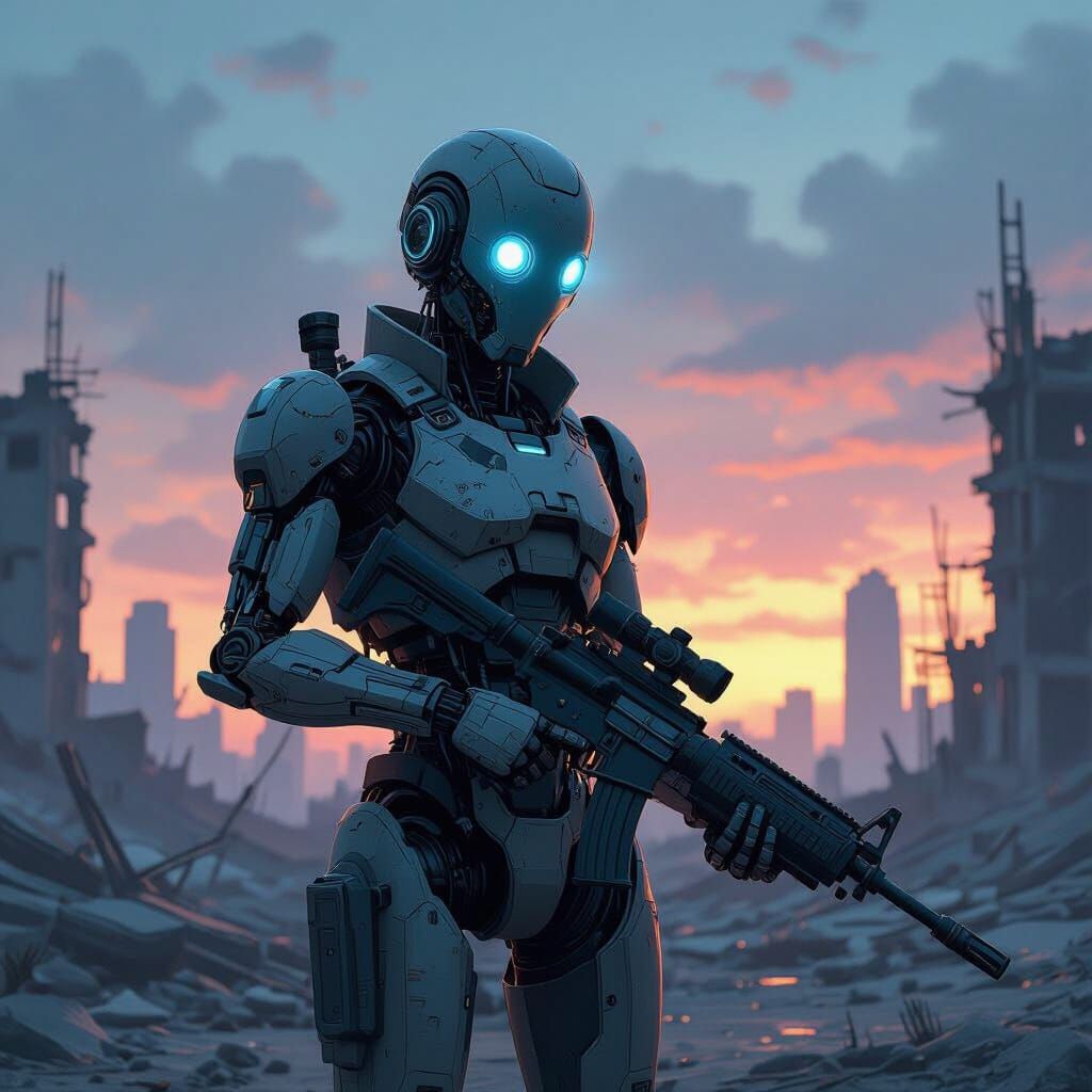 Lone Android in Ruined City at Twilight