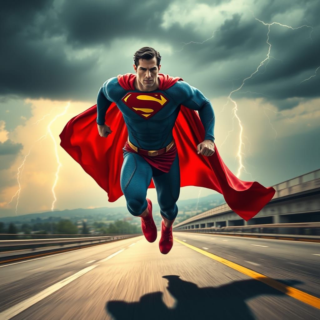 Muscular Superman Runs Up Highway in Stormy Sky