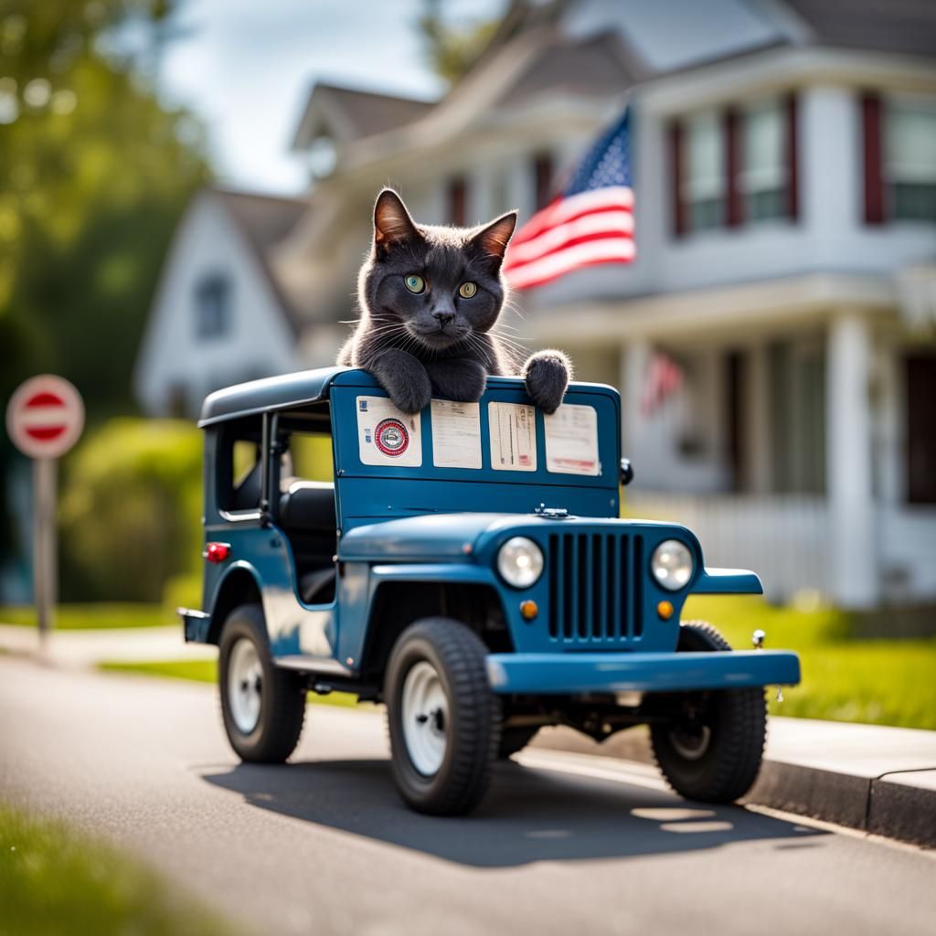 Blue Cat Drives Postal Jeep on Residential Street