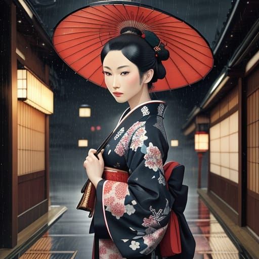Geisha Lady Stands Under the Rainy Night Sky