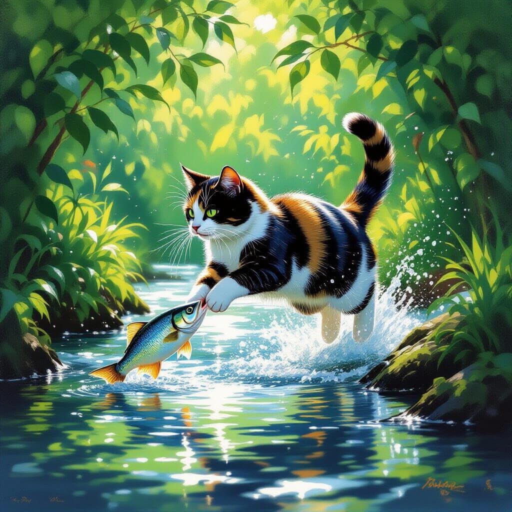 Tortoiseshell Cat Leaps for Fish in Sunlit Stream
