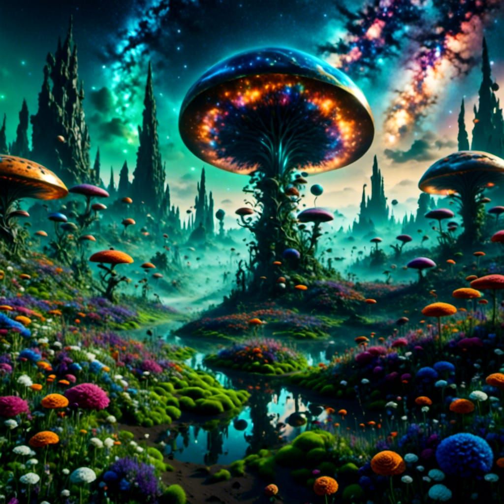 surreal alien landscape teaming with plants...