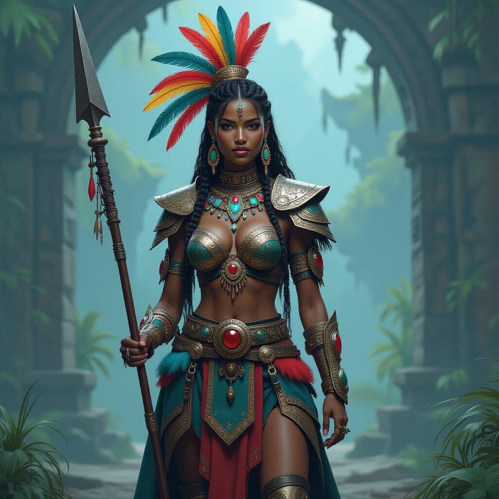 Black Female Warrior in Ornate Armor with Spear