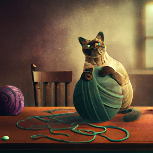 Cat playing with yarn ball