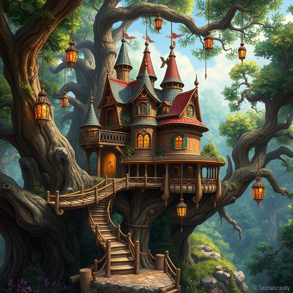 Whimsical Treehouse Castle Amidst a Lush Forest in Dreamlike...