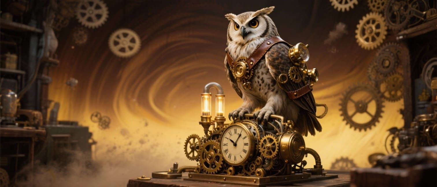Steampunk Owl on Clockwork in Victorian Workshop