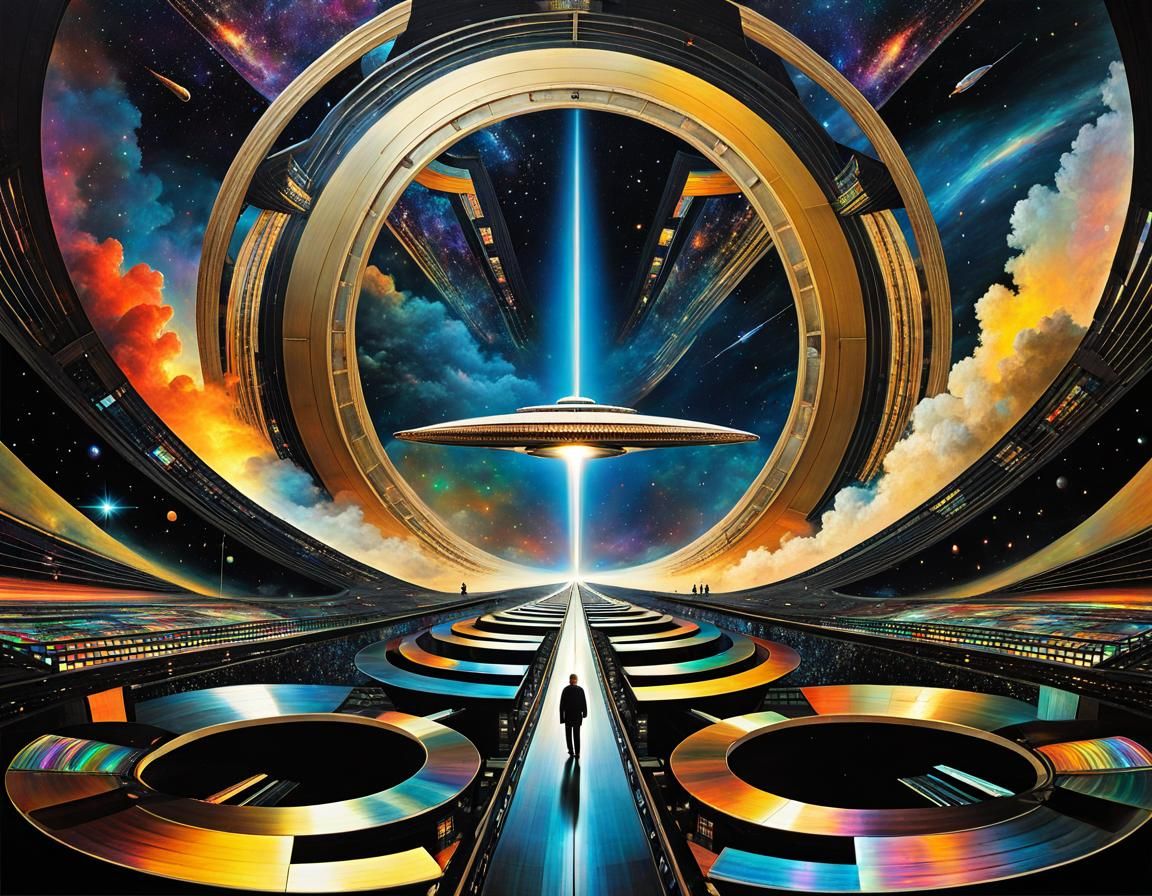 Art Deco Spaceship Among Space Nebula