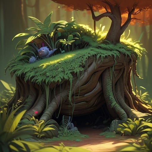 Cozy Burrow in Tree Root, Vibrant Forest Scene