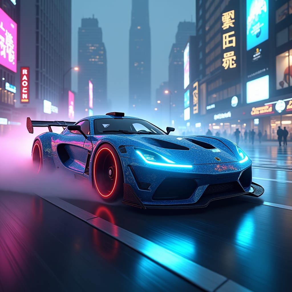 Futuristic Neon Sports Car in Dystopian Cityscape