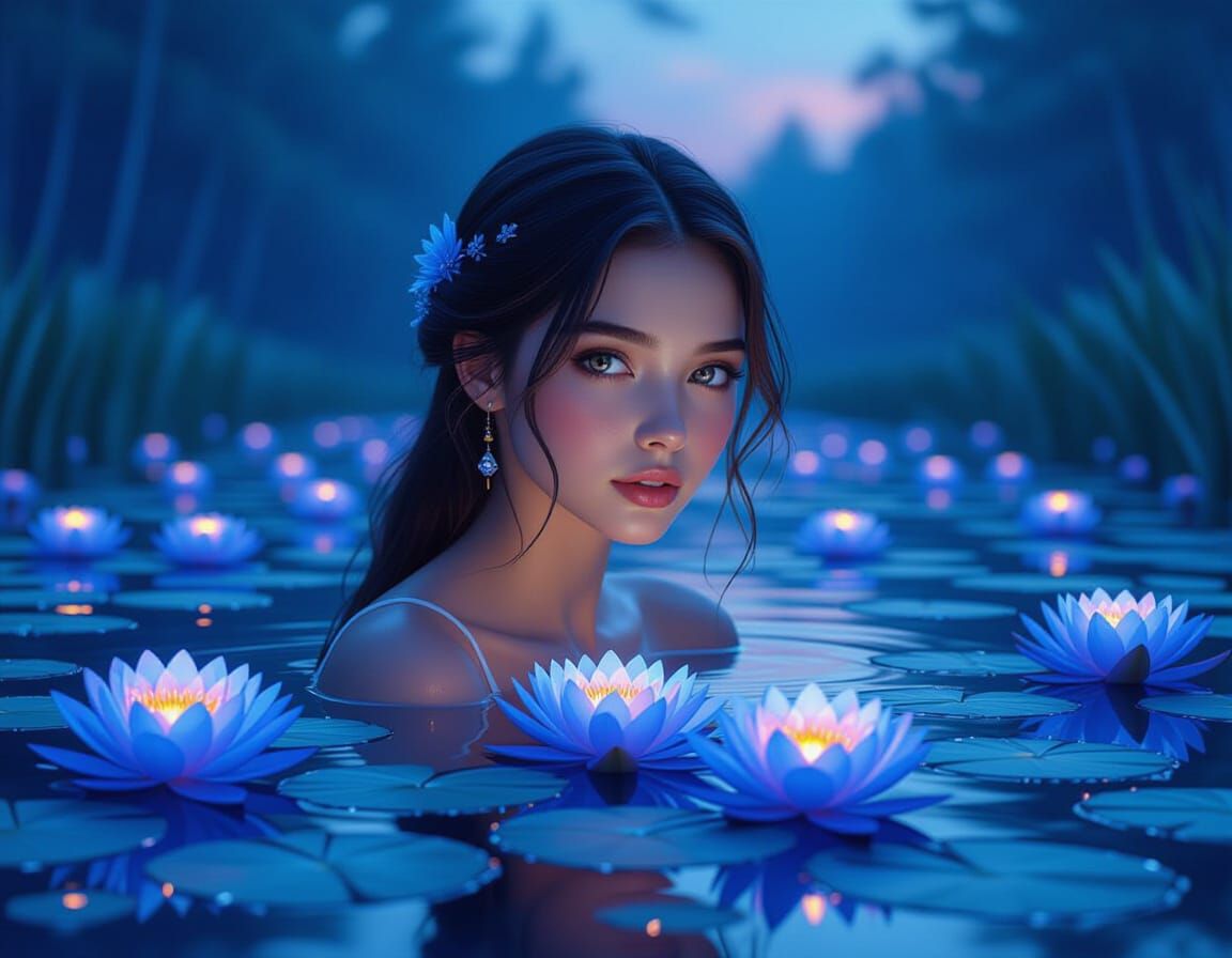Mystical Forest Lake at Dusk with Neon Lotuses