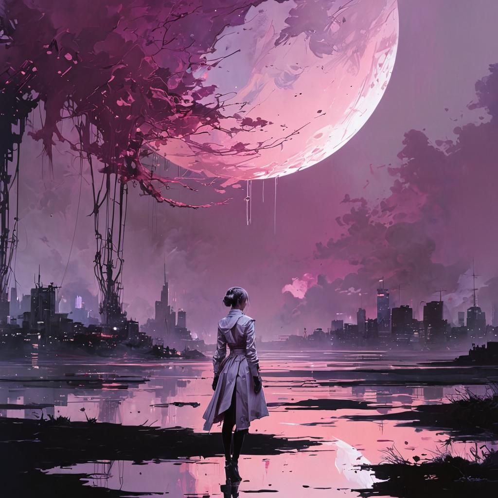 beautiful Cyberpunk English Lady, Stunning, dramatic, pink pale purple and white, vivid, Jeremy Mann, fusion