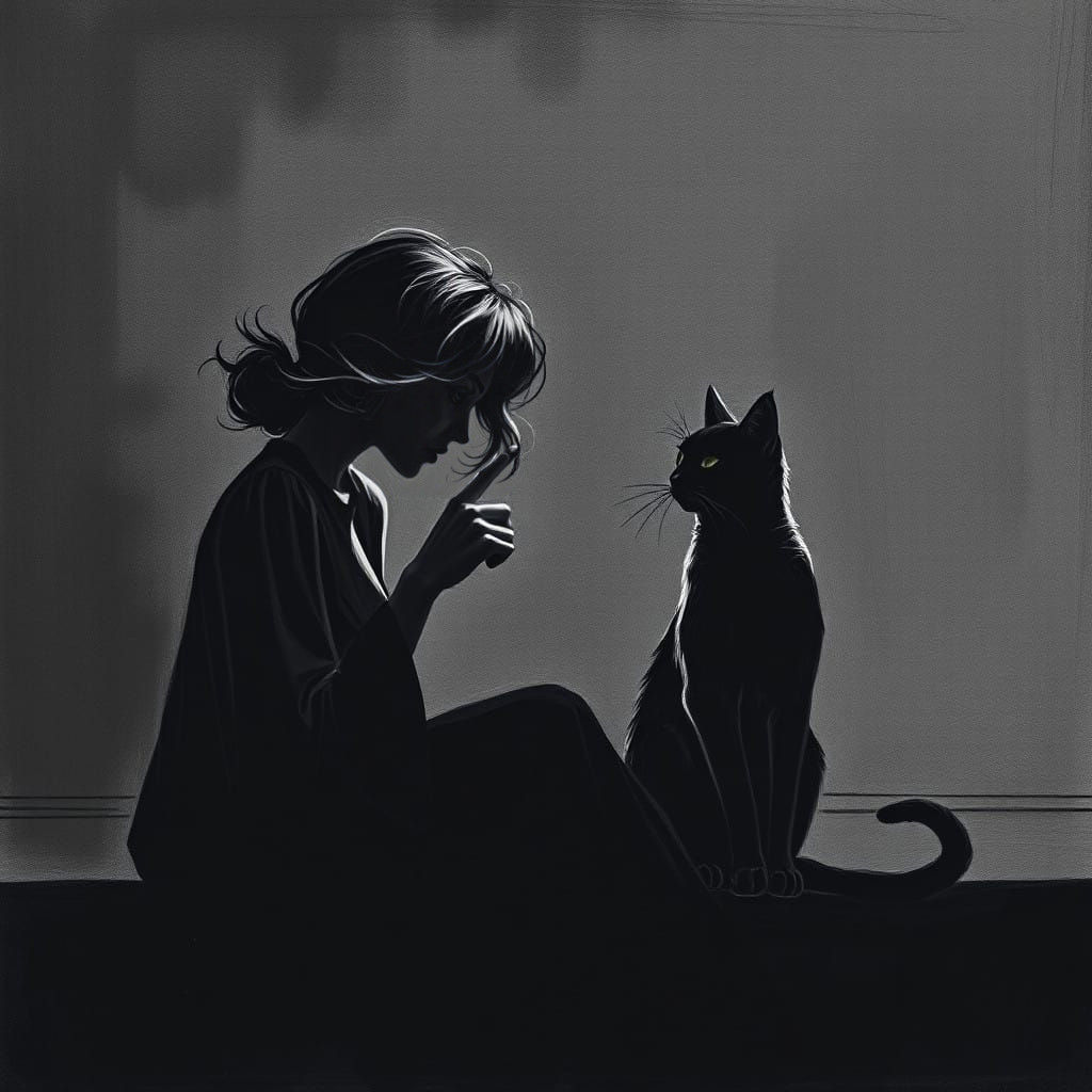 Silhouetted Woman Accuses Calm Cat in Monochromatic Masterpi...