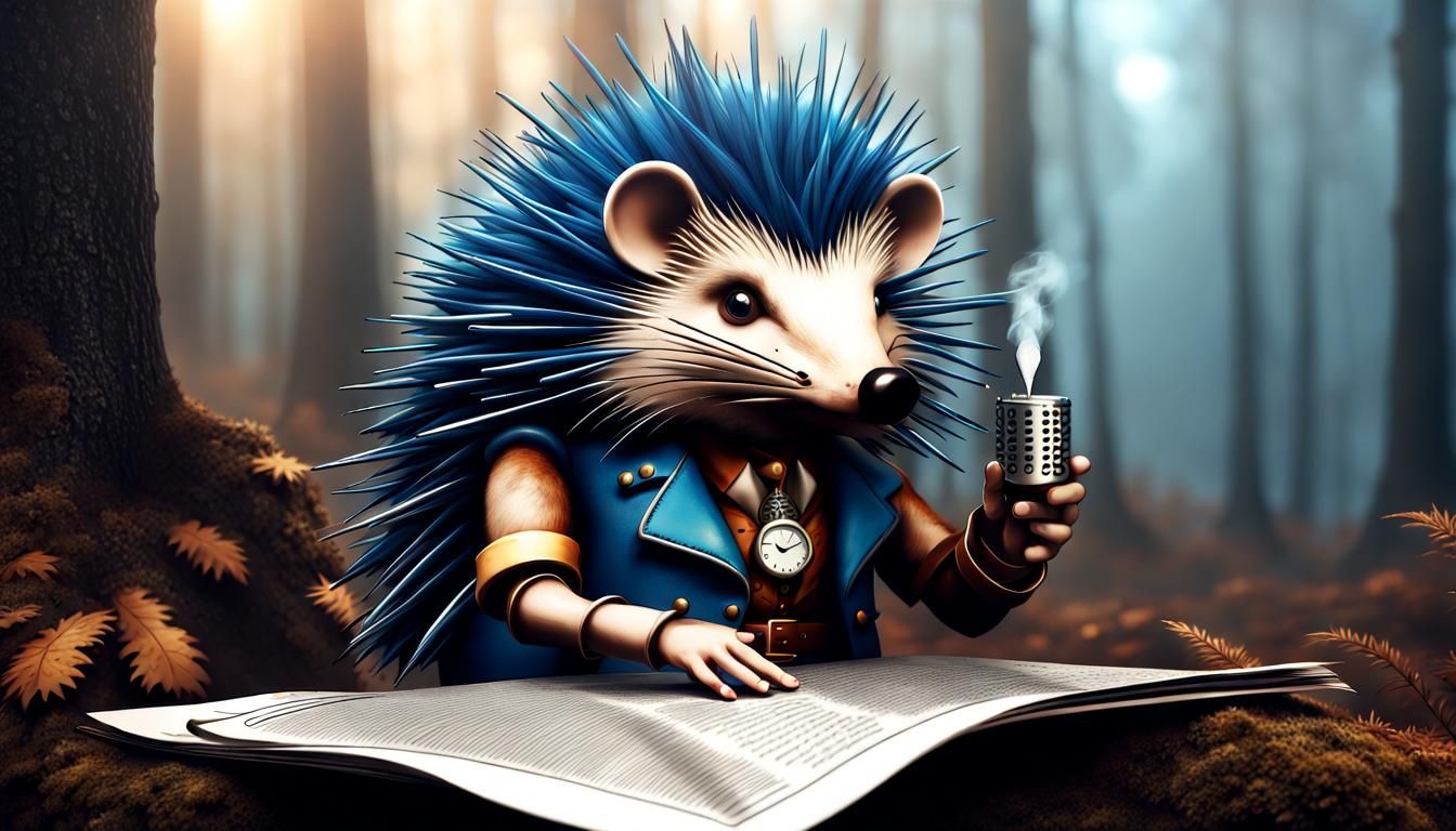 Steampunk Hedgehog Reads Newspaper in Foggy Forest