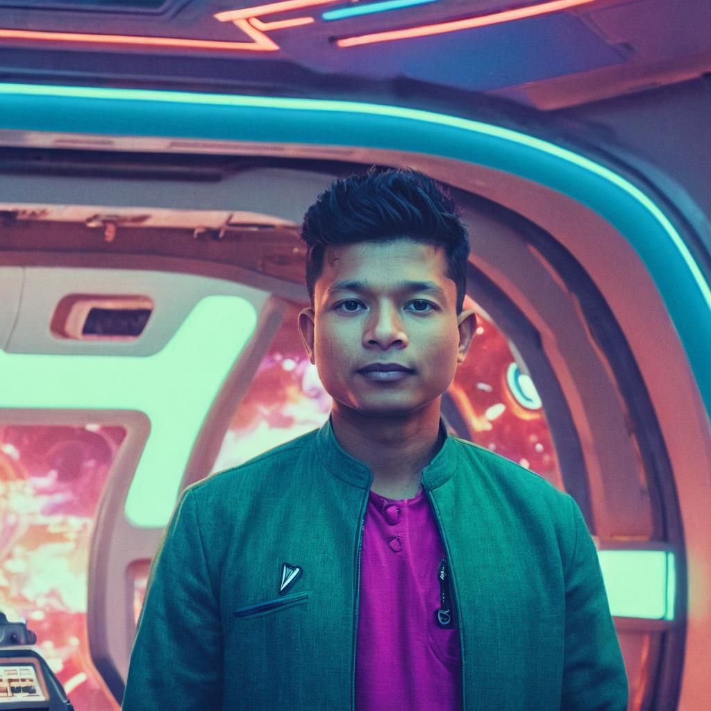 Spaceship Captain in Neon-Lit Spacecraft Interior