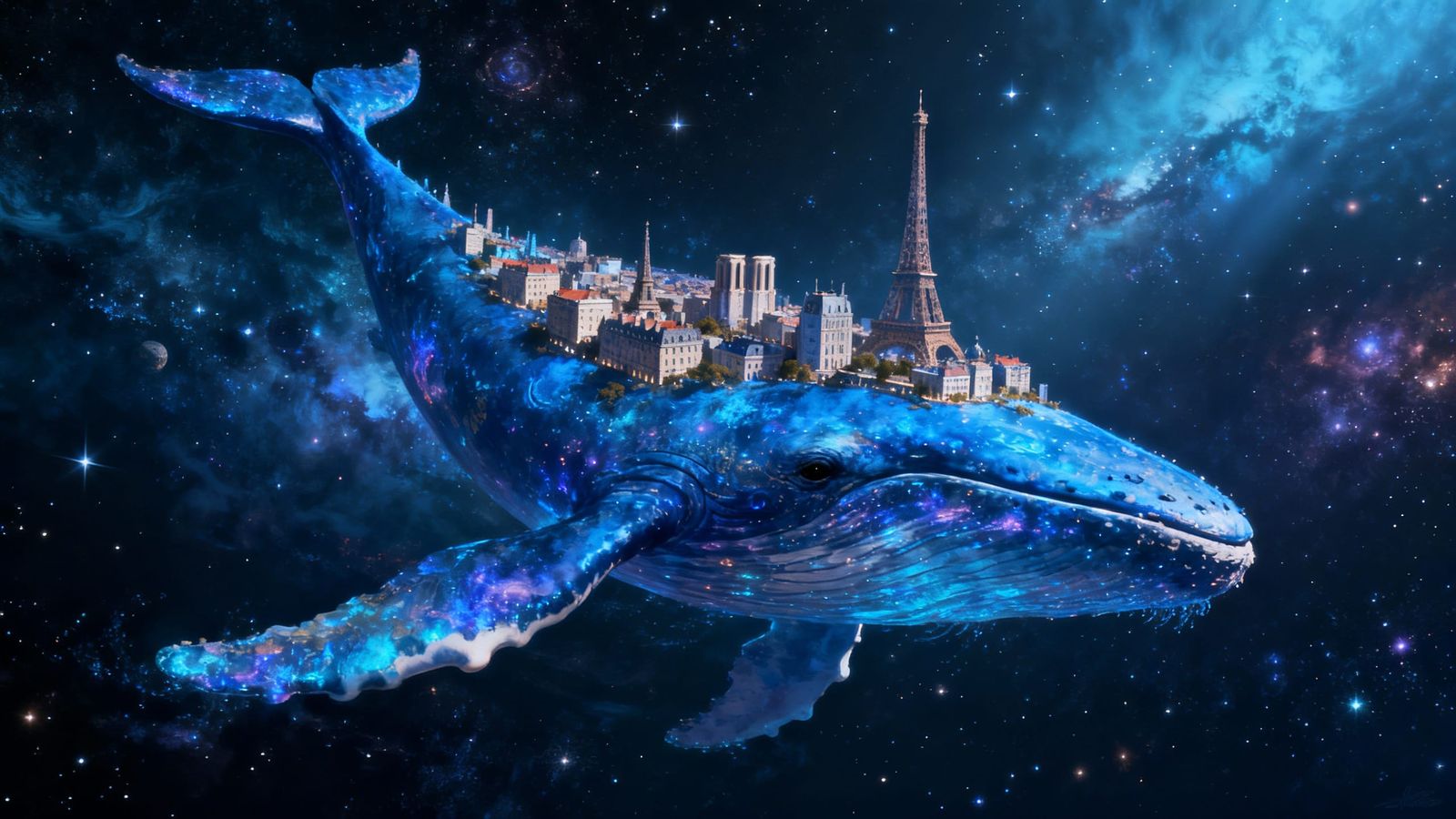 Cosmic Blue Whale Carrying Paris Through Deep Space