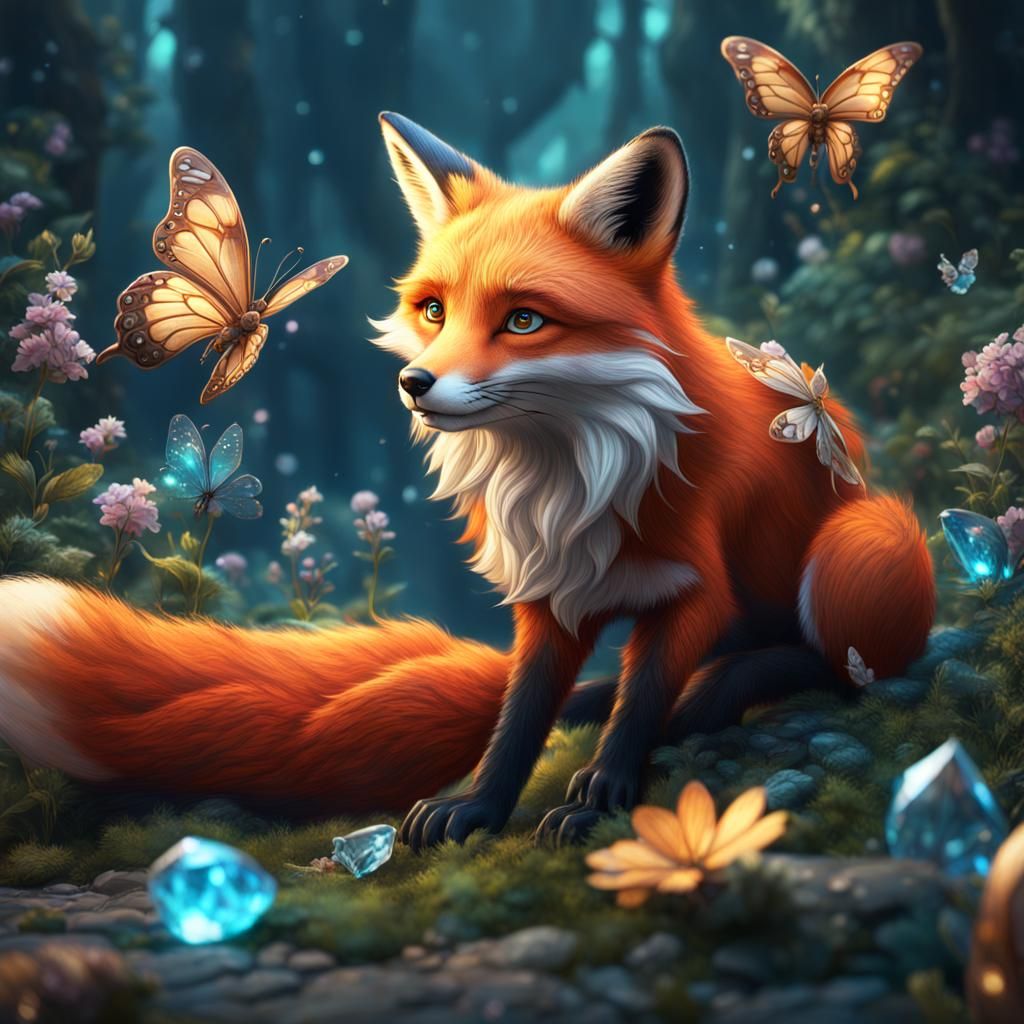 Whimsical Fox and Crystal Butterfly Fairy