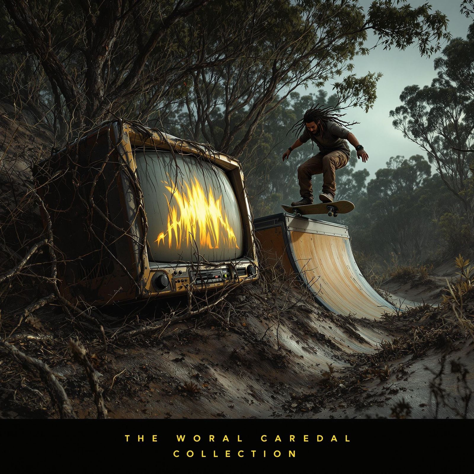 Dreadlock Skateboarder in Abandoned Landscape