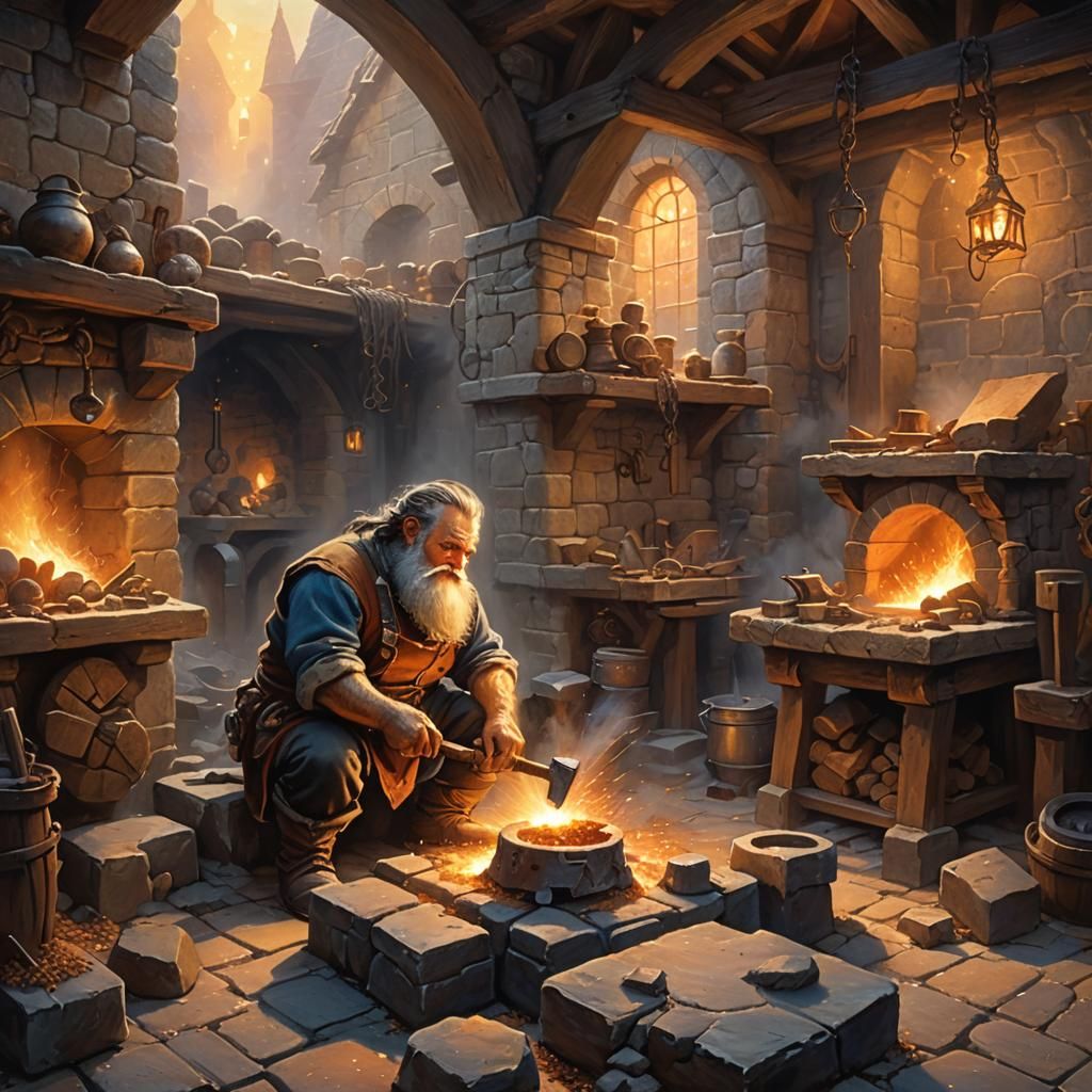 Dwarf Smith Forging Metal in Misty, Golden Light