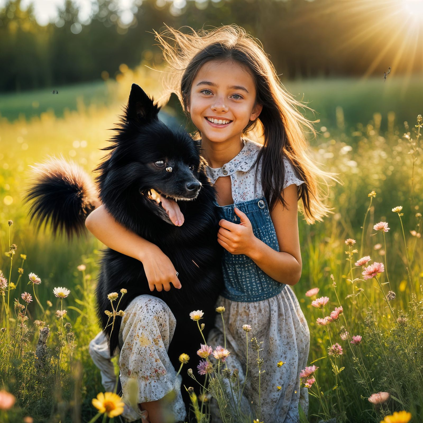 Girl with Spitz Dog in Summer Meadow