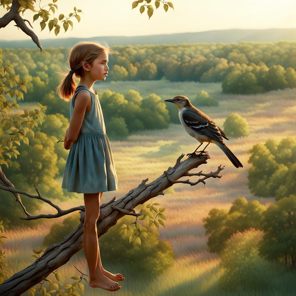 Nostalgic Film Still: Girl, Mockingbird, Summer Landscape