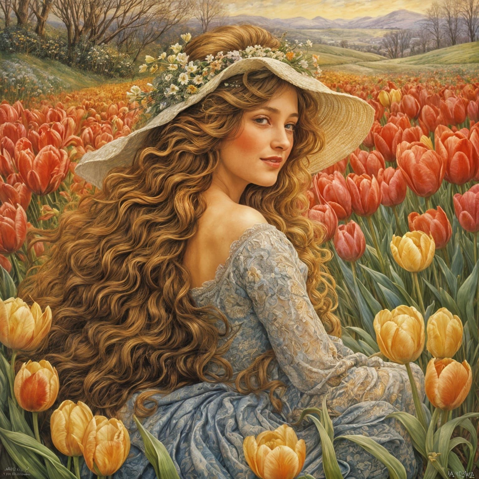 Elegant Woman in Tulip Field: An Oil Painting