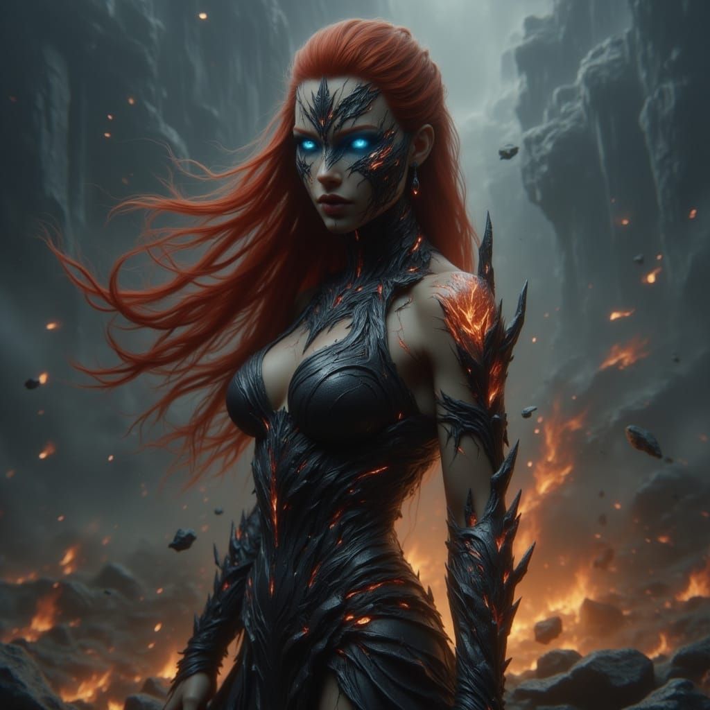 Dark Fantasy Warrior Woman with Fiery Red Hair and Piercing ...