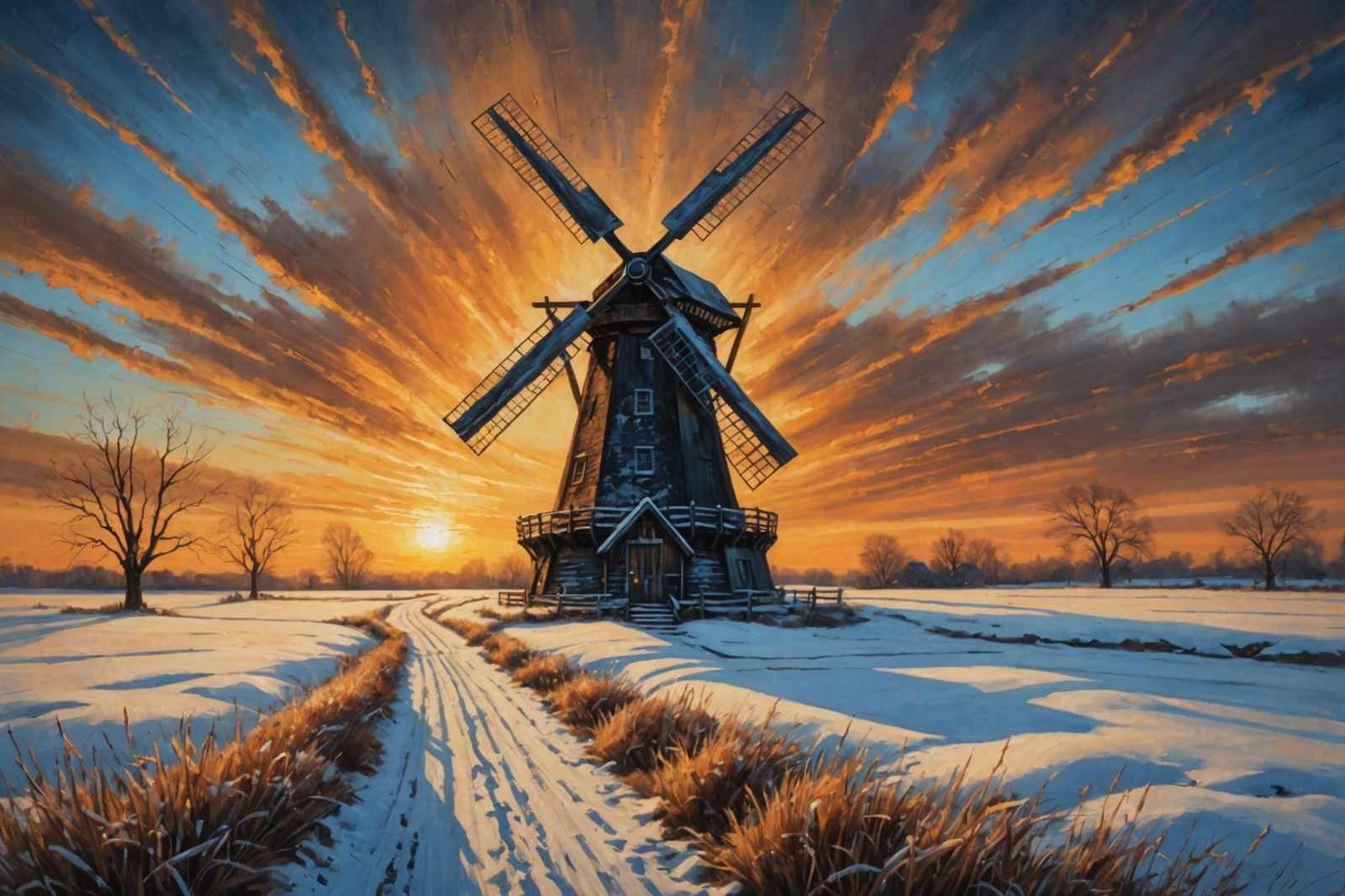 Snowy Meadow Windmill at Sunset as Acrylic Painting