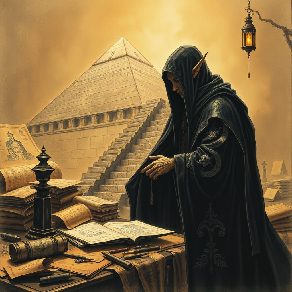 Dark Elf Architect Crafts Pyramid in Mystical Realm