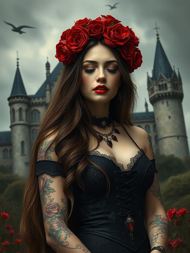 Mysterious Woman with Roses: Hyper-Realistic Oil Painting