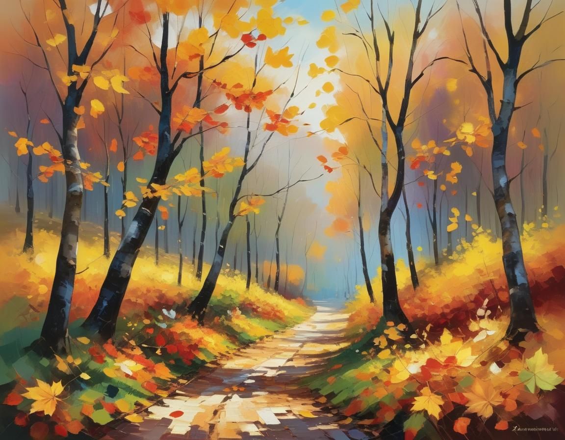 Impressionistic Autumn Landscape with Dancing Leaves