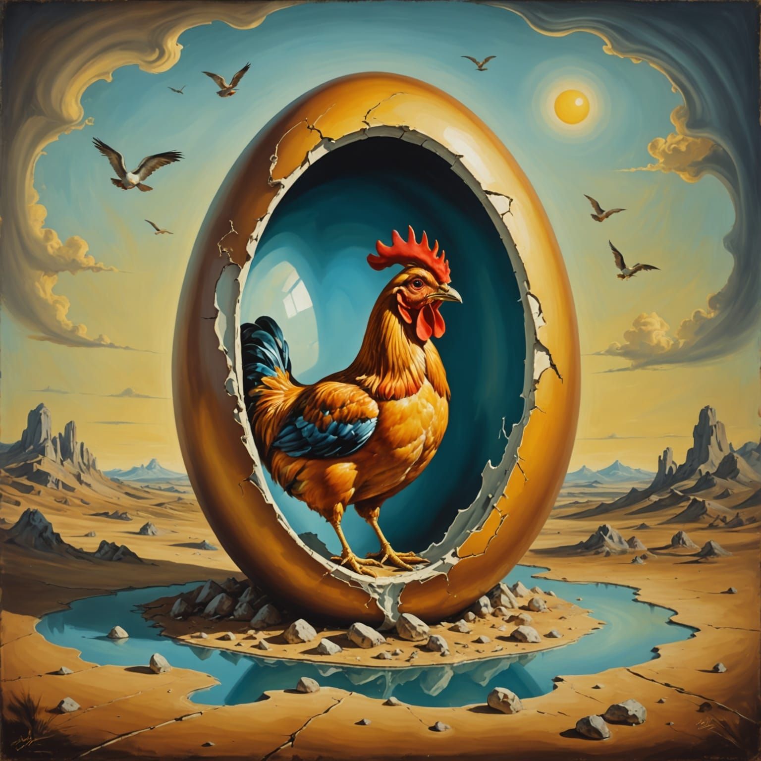 Surreal Chicken Emerges from Melting Egg in Dali-Inspired Ar...