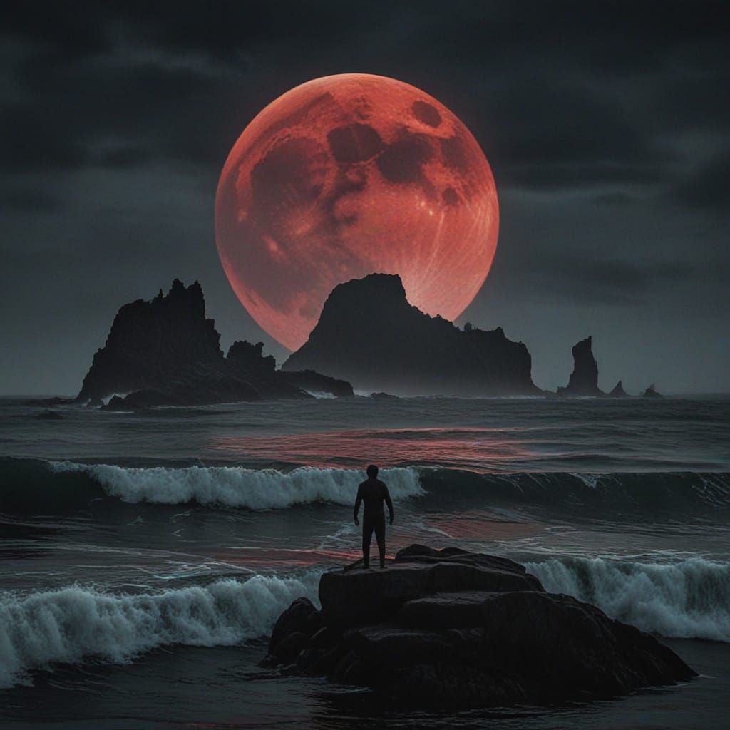 Menacing Presence in Devil's Sea Under Blood Moon