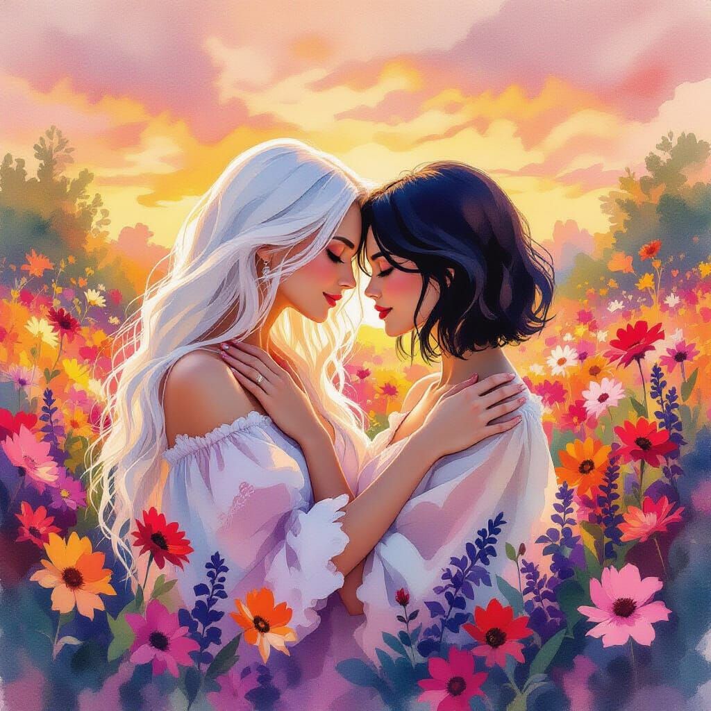 Two Women in Rainbow Garden at Sunset Watercolor Style