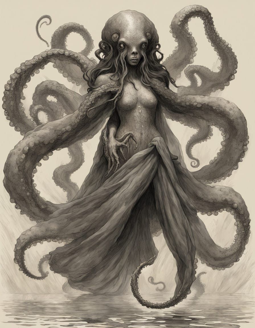 Gorgeous Horror Octopus Goddess in a Dark Aquatic Realm