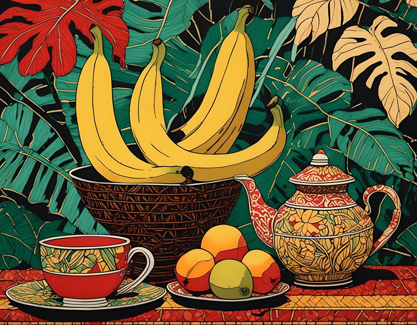 Indonesian Woodcut Triptych with Fruit and Teapot