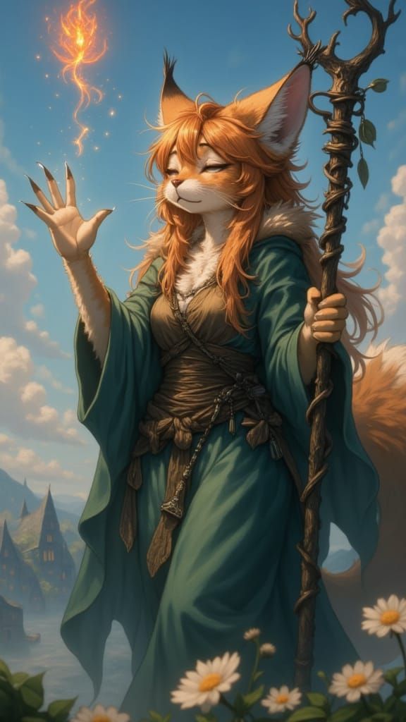 Mystic Lynx Conjures Flame Dancer: Anime Fantasy