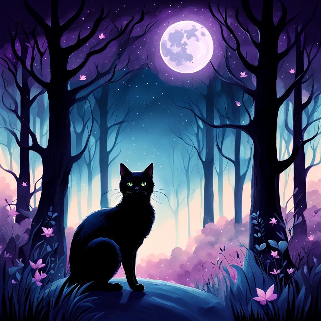 Enchanting Black Cat in Moonlit Forest