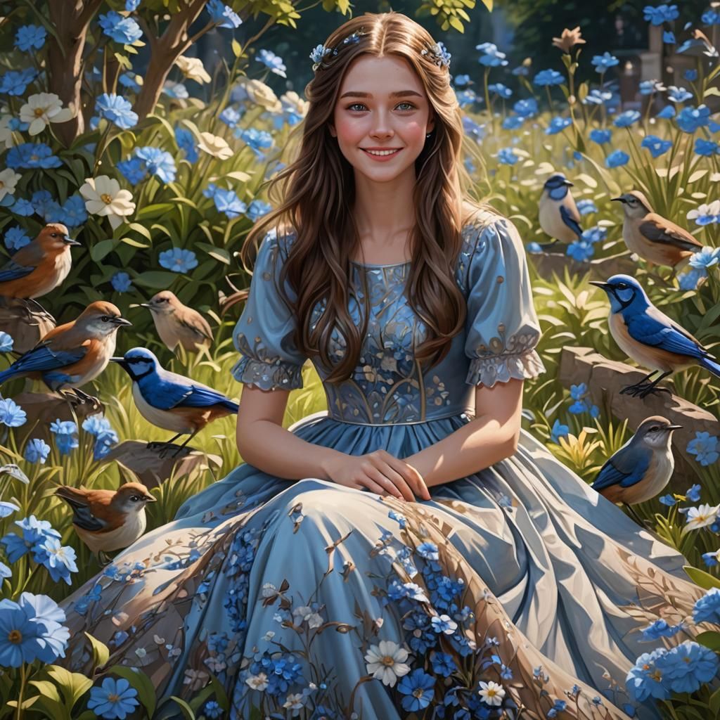 Girl in Garden with Blue Wrens, Hyperdetailed Art